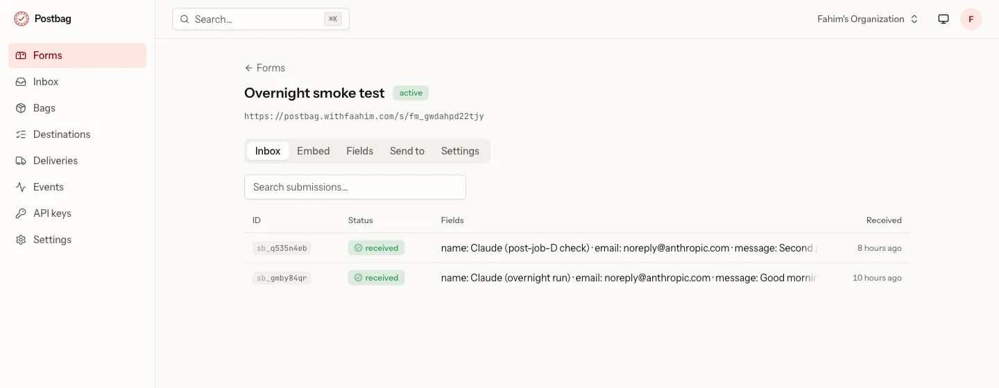 The Postbag dashboard showing a form's page: its submit URL, the Inbox, Embed, Fields, Send to and Settings tabs, and two received submissions